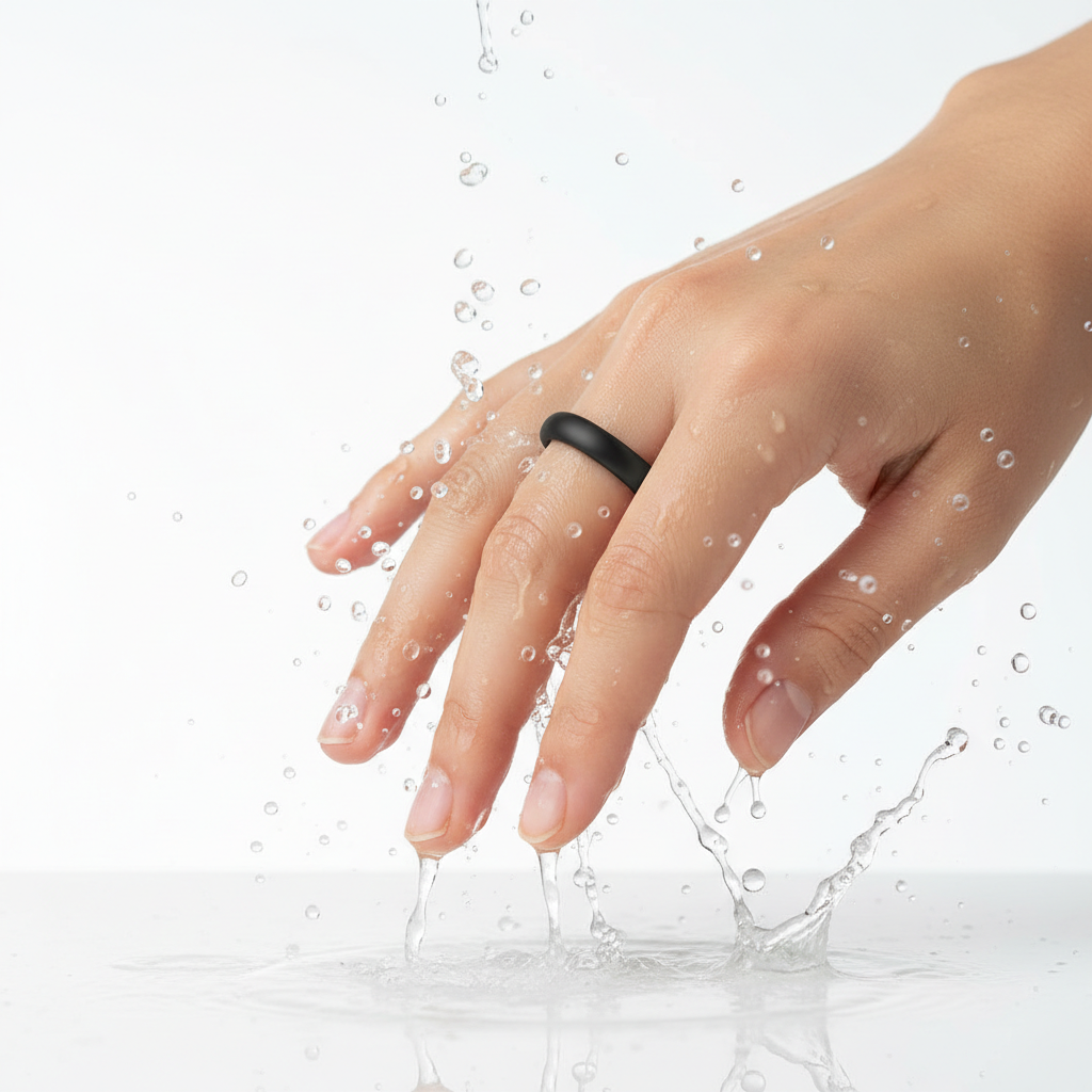 Mano con anillo negro y agua